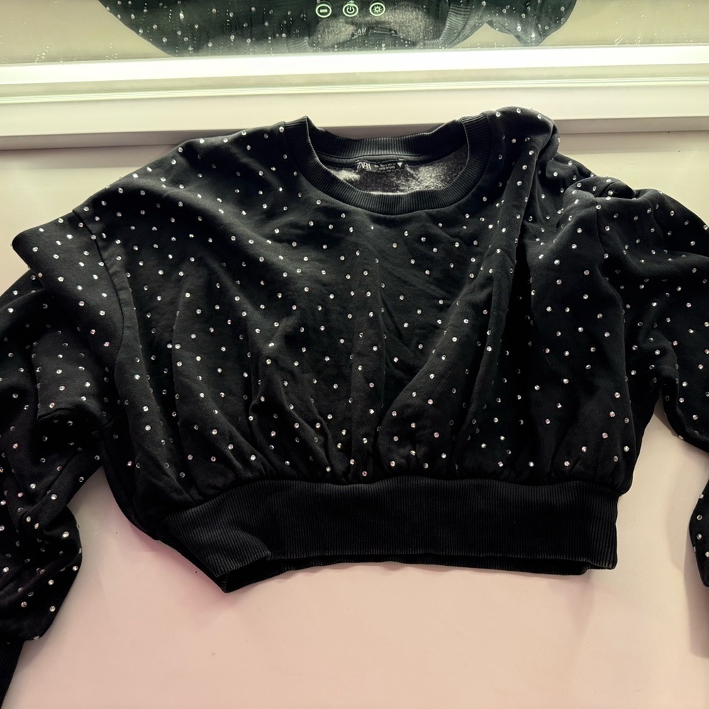 Zara Black Washed Cropped Sweatshirt with Rhinestones
